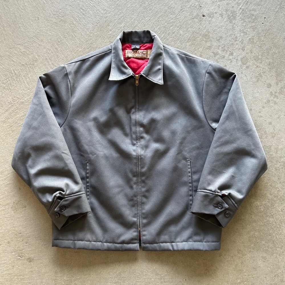 Vintage 80s Big Mac Mechanic Jacket Size Medium Gray Workwear Full Zip Collared